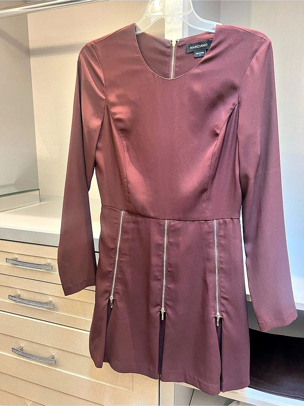 Marciano Long Sleeve Zip Detail Mini Dress in Brown Size Small Like